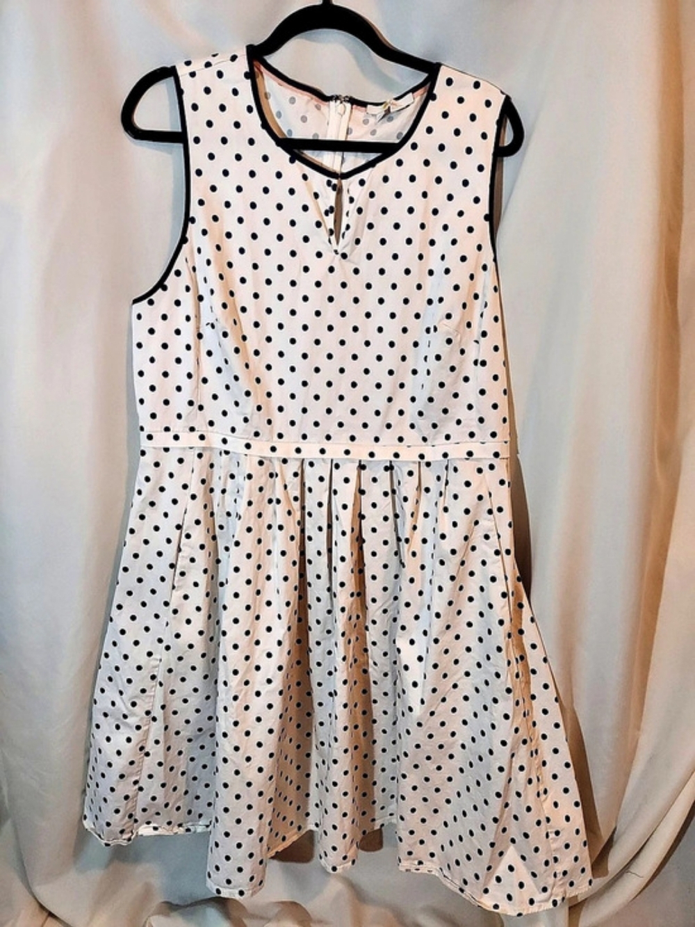 Boden White Blue Polka Dot Fit & Flare Dress Sleeveless Pockets 16/18